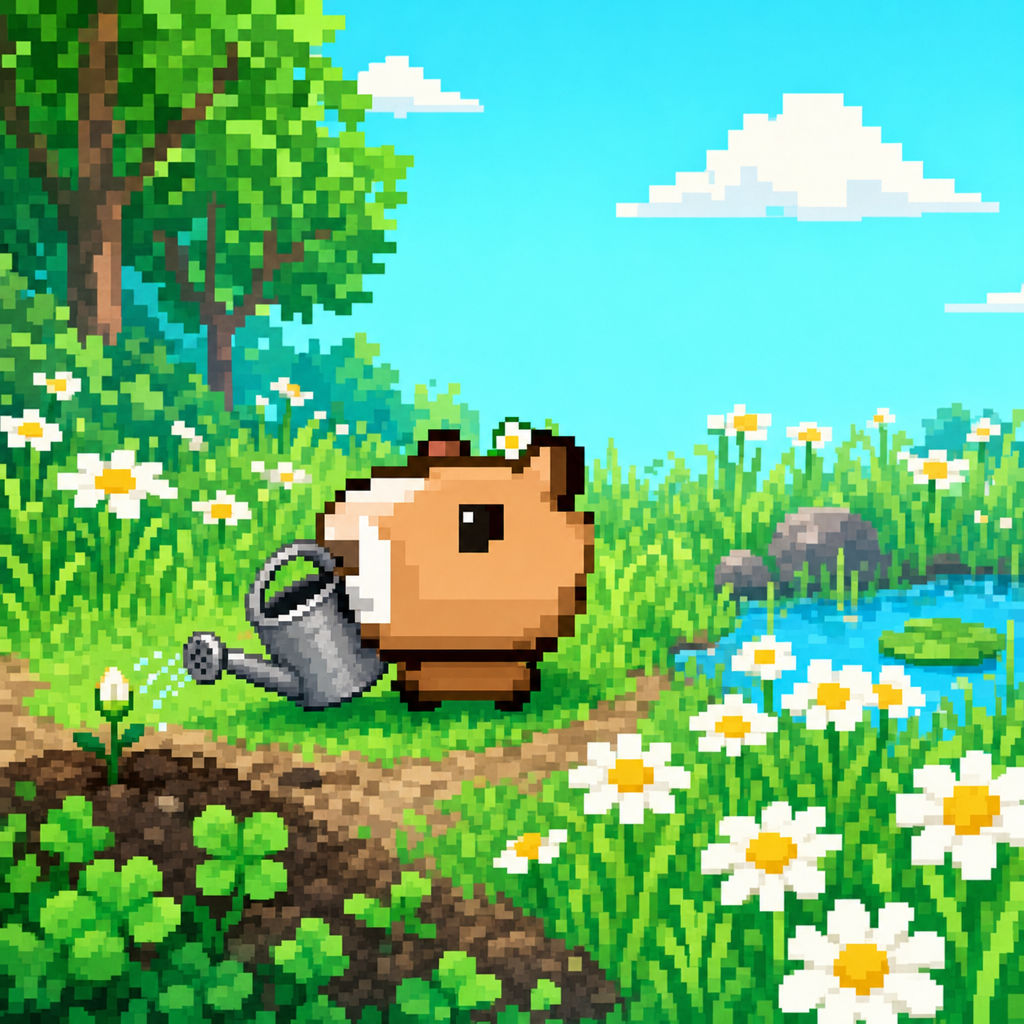 CapyBloom carrying a watering tin along a meadow path beside daisies and a pond